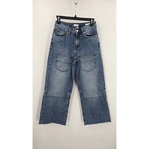 Forever 21 Premium Cargo Jeans Womens 25 Blue Denim Wide Leg Distressed Raw Hem